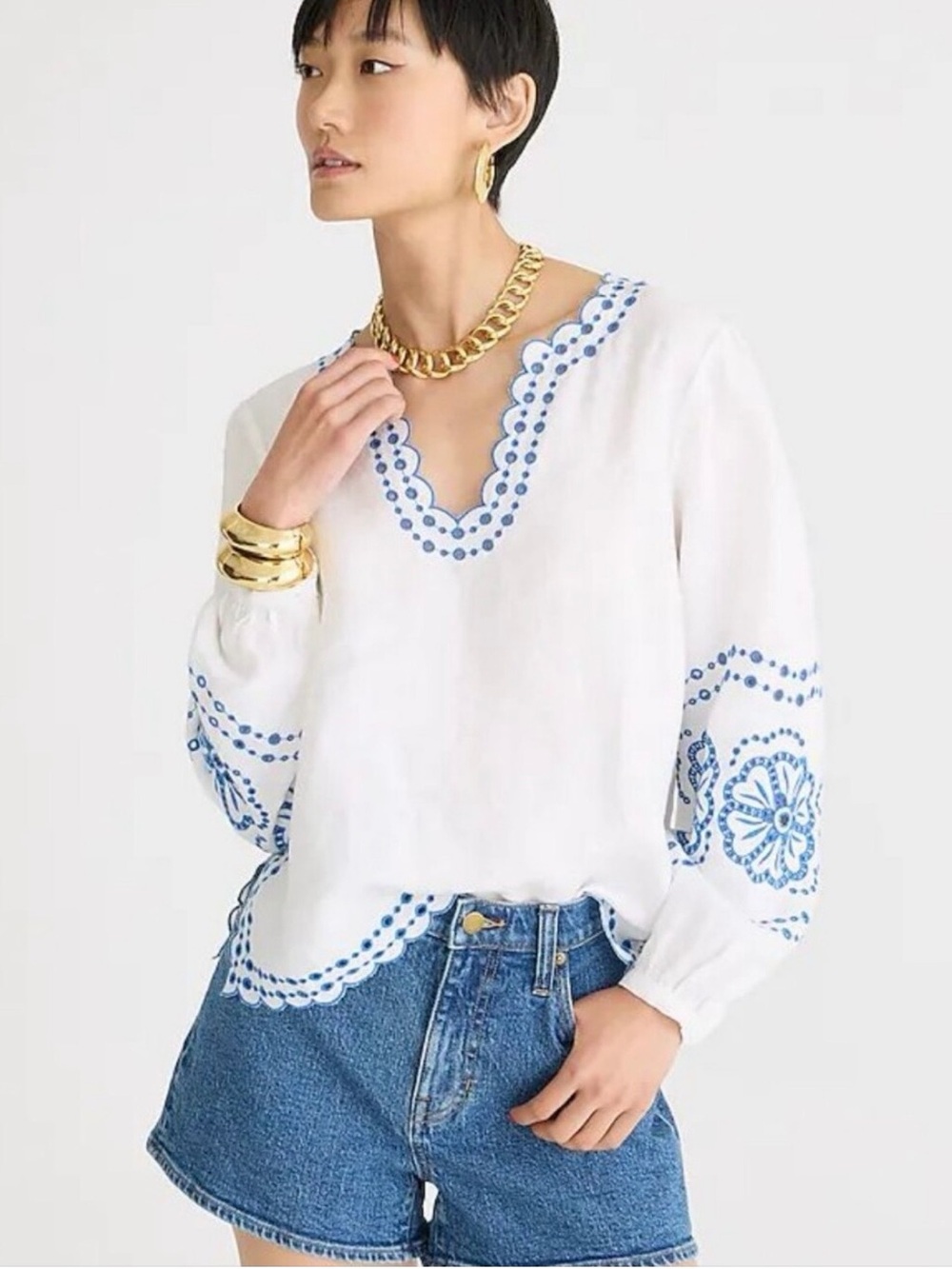 J. Crew White Peasant Blouse with Blue Embroidery